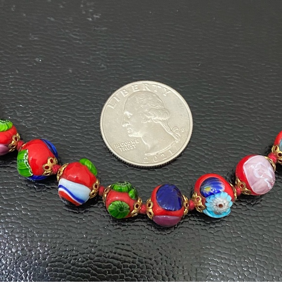 Vintage Red Multi Millefiori Venetian Murano Glass Beads Knotted 16” Necklace - Picture 8 of 16